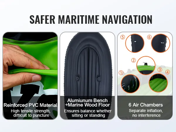 reinforced pvc material, larger and thicker bottom, and 6 air chambers improve VEVOR inflatable boat safety.