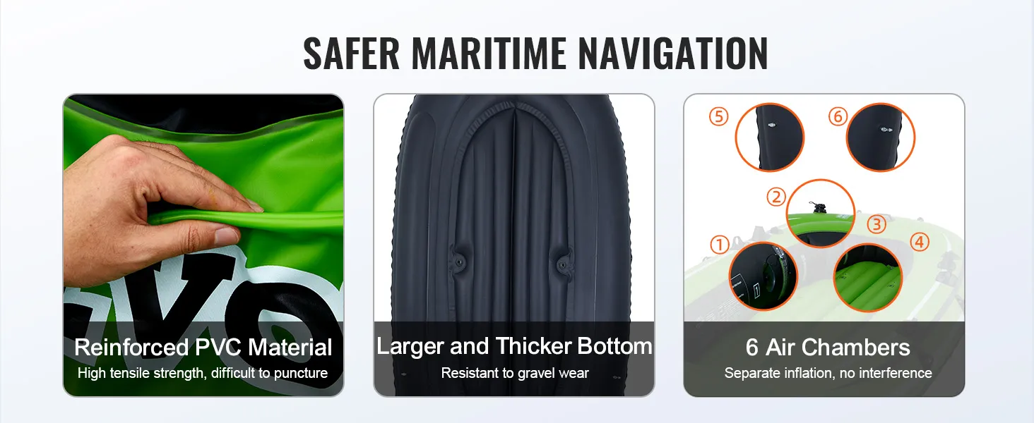 reinforced pvc material, larger and thicker bottom, and 6 air chambers improve VEVOR inflatable boat safety.