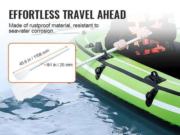 person paddling a VEVOR inflatable boat with rustproof oar, highlighting seawater resistance.