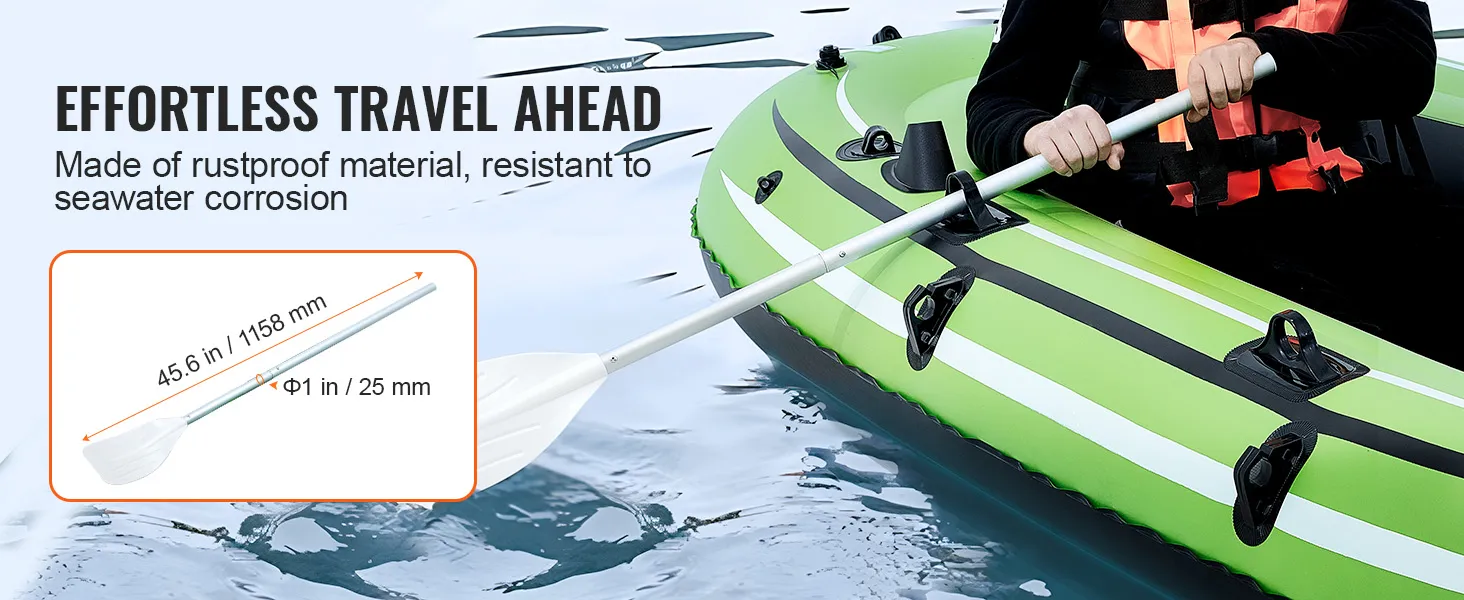 person paddling a VEVOR inflatable boat with rustproof oar, highlighting seawater resistance.