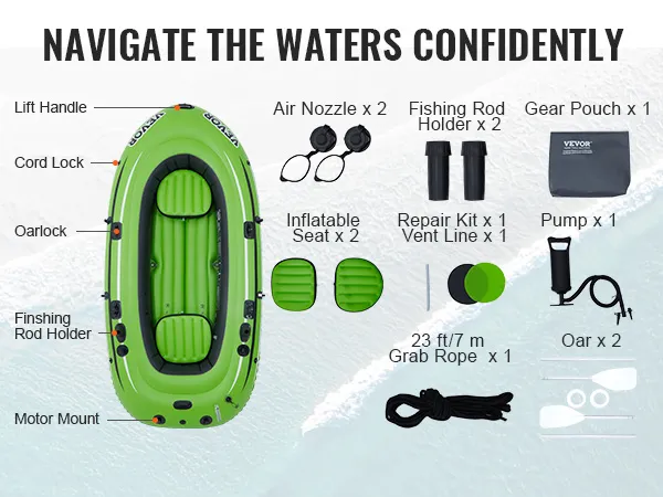 VEVOR inflatable boat with accessories: lift handle, cord lock, oarlock, motor mount, and fishing rod holder.