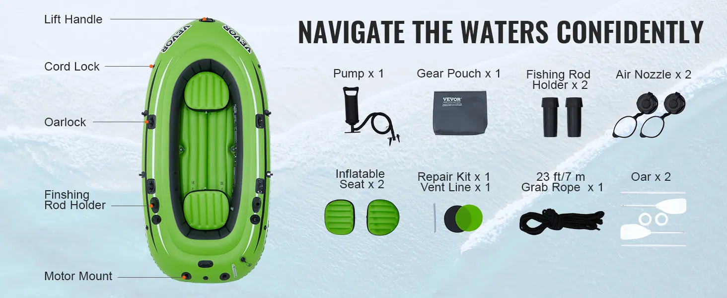 VEVOR inflatable boat with accessories: lift handle, cord lock, oarlock, motor mount, and fishing rod holder.