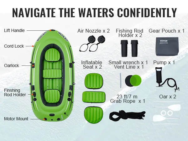 gommone verde VEVOR con custodia per l'attrezzatura, pompa, portacanne da pesca, sedili gonfiabili e remi.