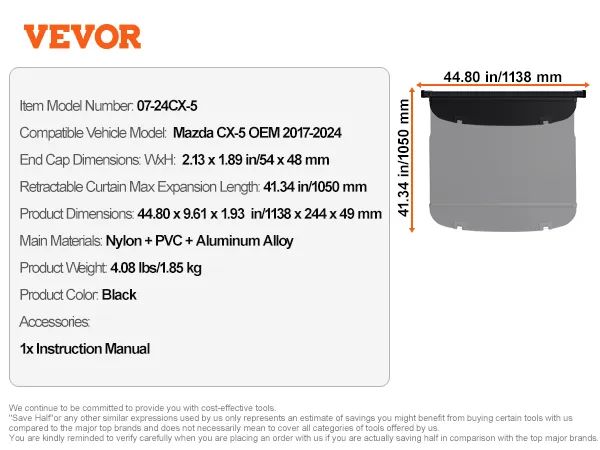 VEVOR mazda cx-5 cargo cover specs: dimensions, material, weight, and compatibility for 2017-2024 models.