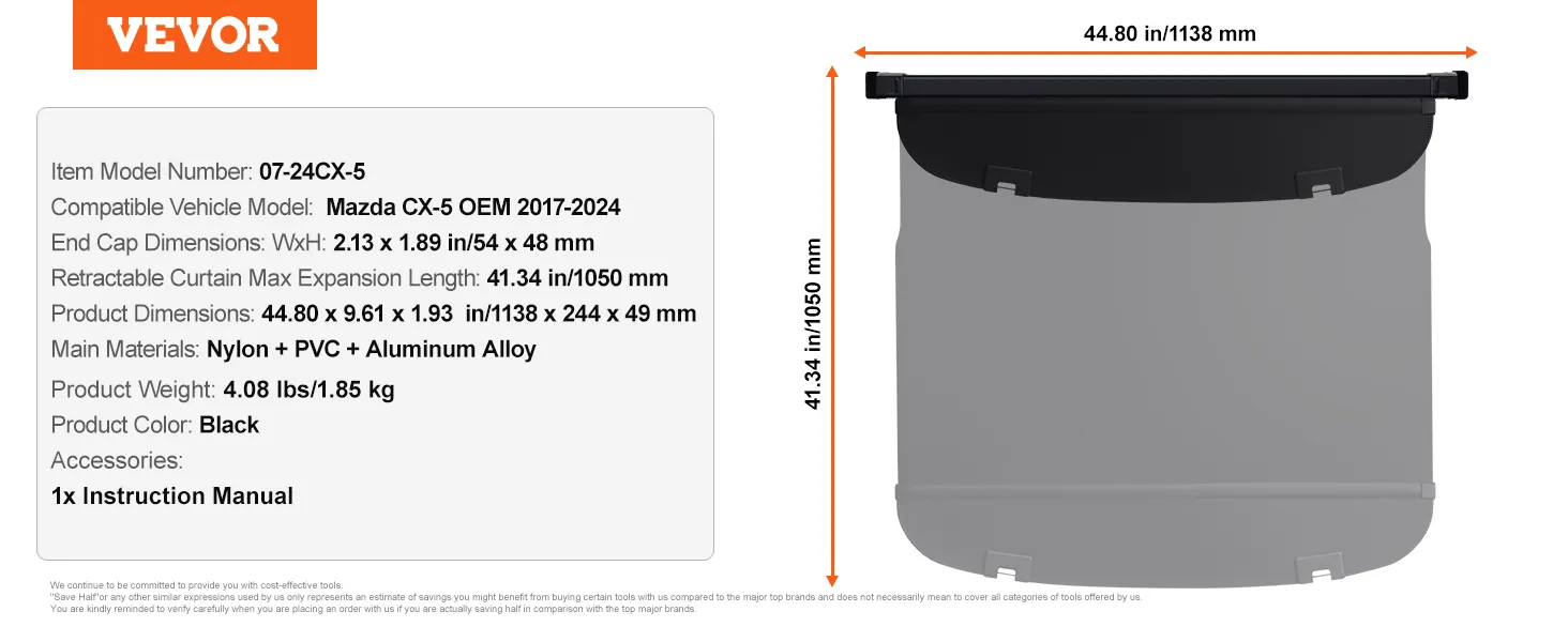 VEVOR mazda cx-5 cargo cover specs: dimensions, material, weight, and compatibility for 2017-2024 models.