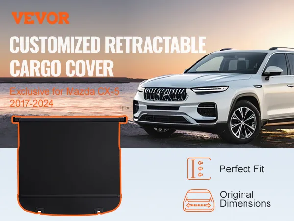 VEVOR mazda cx-5 cargo cover for 2017-2024 models, retractable, perfect fit, original dimensions.