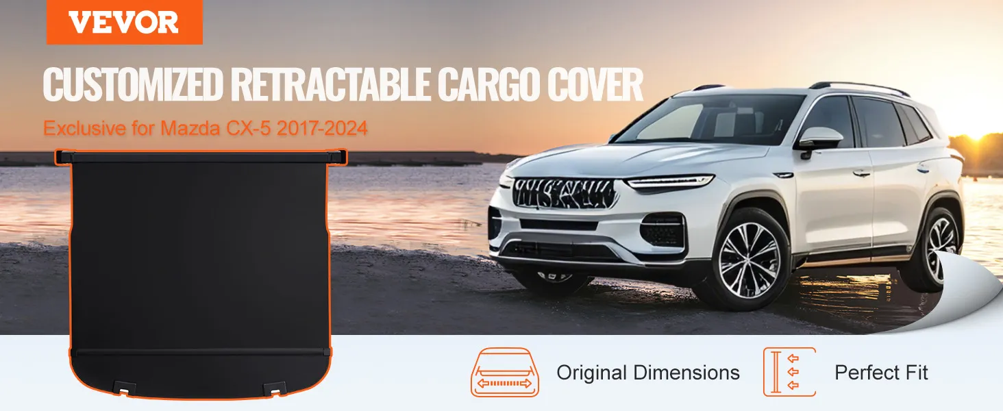 VEVOR mazda cx-5 cargo cover for 2017-2024 models, retractable, perfect fit, original dimensions.