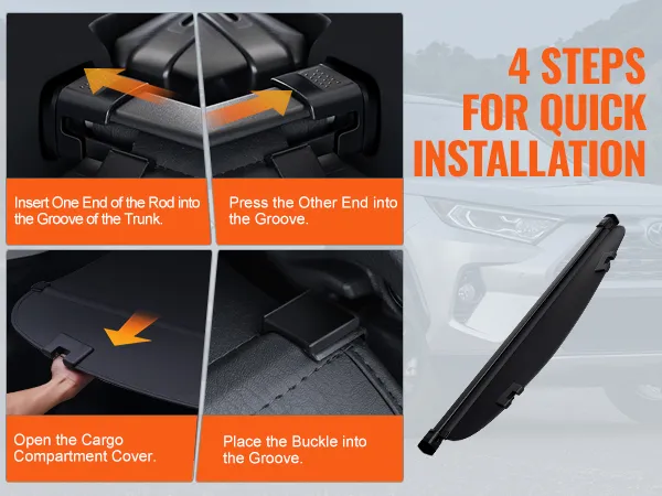 4 steps to install VEVOR mazda cx-5 cargo cover, showing easy insertion and securing of cover components.