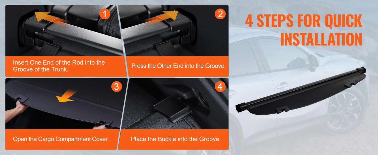 4 steps to install VEVOR mazda cx-5 cargo cover, showing easy insertion and securing of cover components.