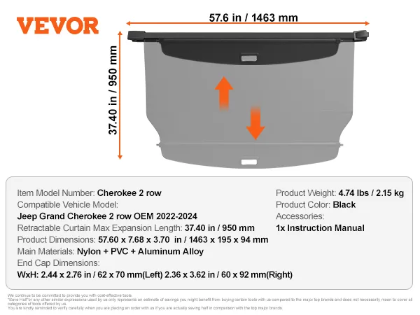 VEVOR jeep grand cherokee cargo cover dimensions and material details label, compatible with 2022-2024 models.