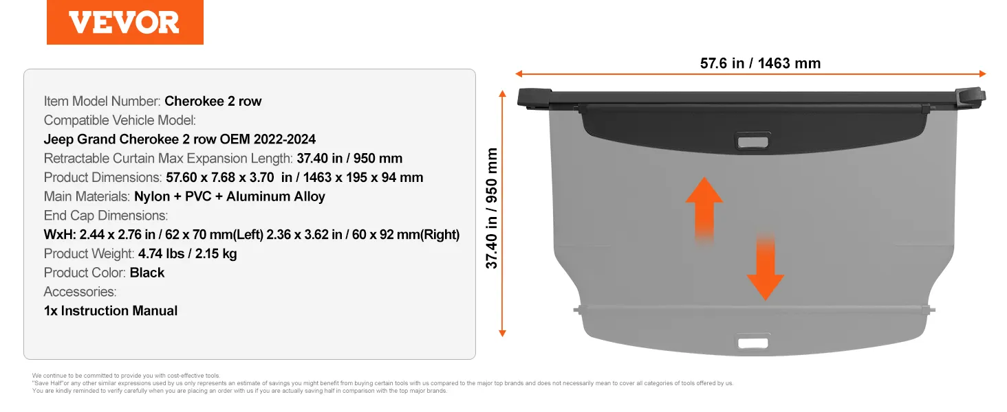 VEVOR jeep grand cherokee cargo cover dimensions and material details label, compatible with 2022-2024 models.