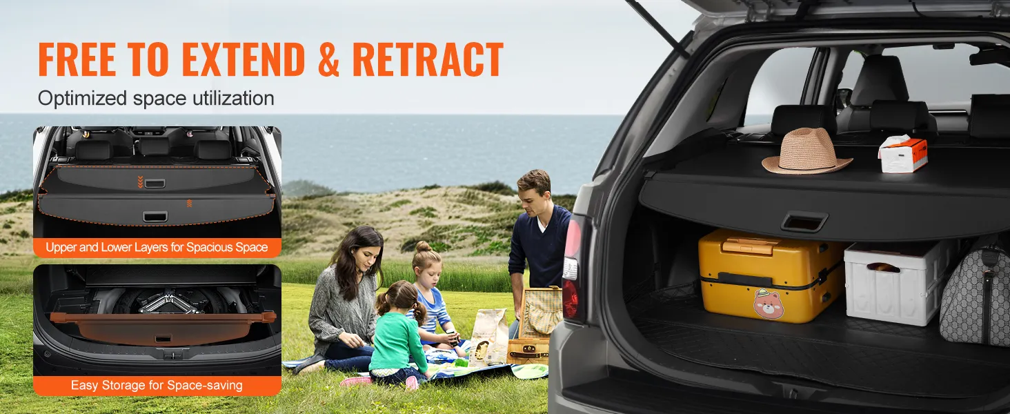 VEVOR jeep grand cherokee cargo cover shown with spacious storage, optimized for family use and space-saving.