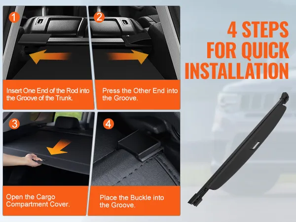 4 steps to install the VEVOR jeep grand cherokee cargo cover with trunk grooves and buckle.