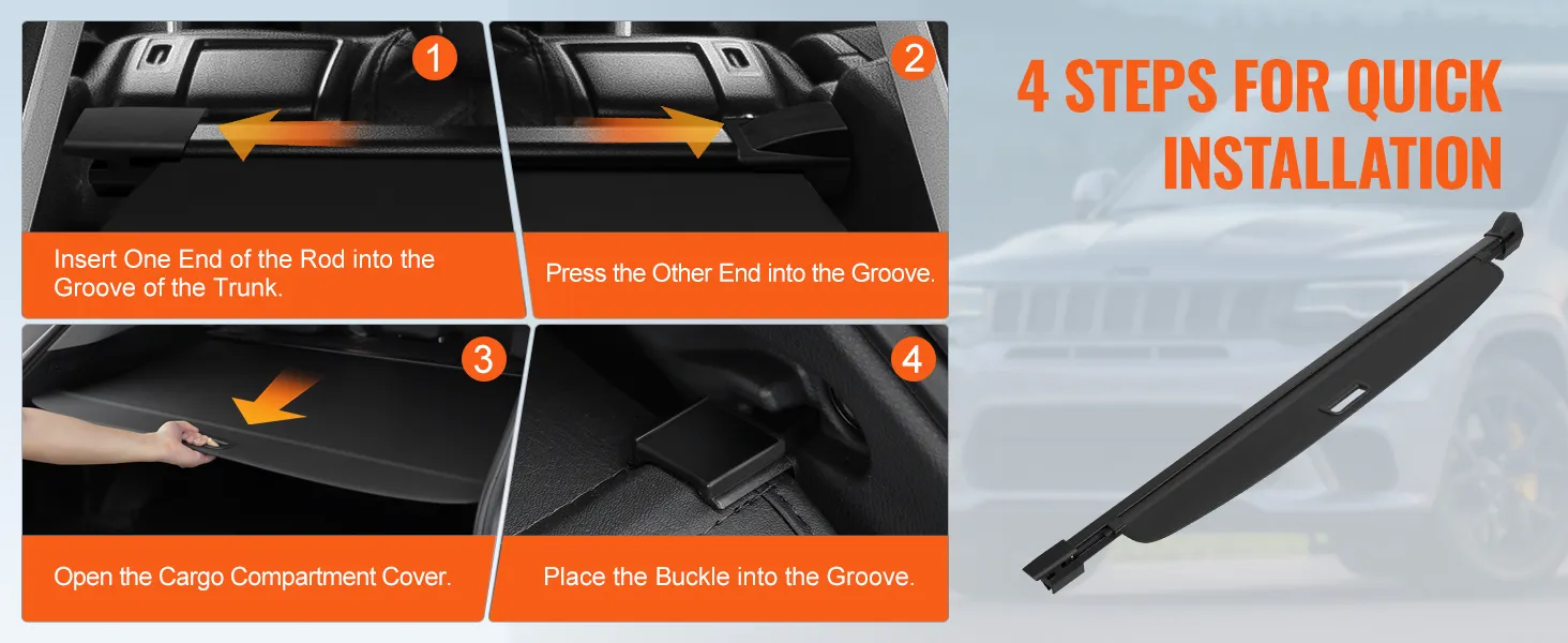 4 steps to install the VEVOR jeep grand cherokee cargo cover with trunk grooves and buckle.
