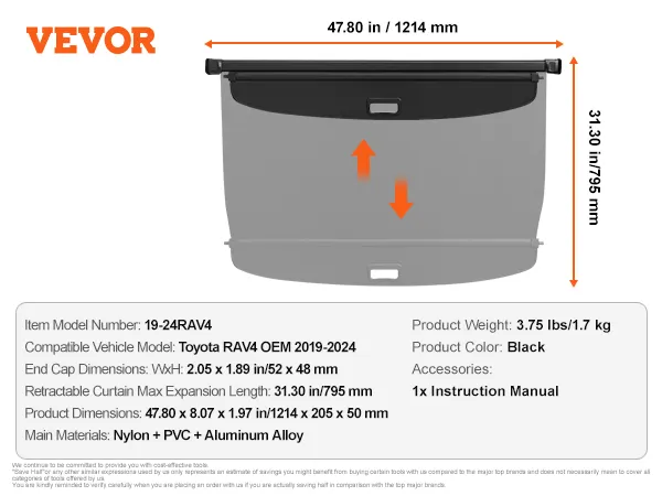 VEVOR retractable cargo cover for toyota rav4, black, dimensions: 47.80 x 8.07 x 1.97 in.