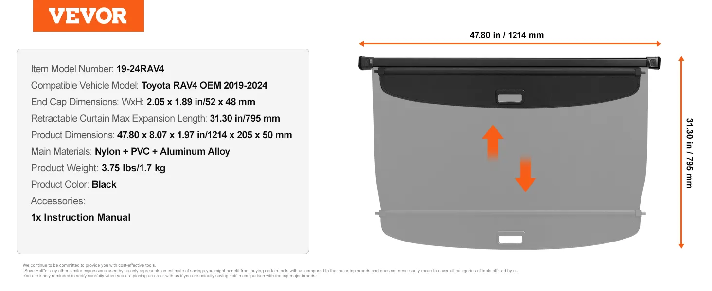 VEVOR retractable cargo cover for toyota rav4, black, dimensions: 47.80 x 8.07 x 1.97 in.