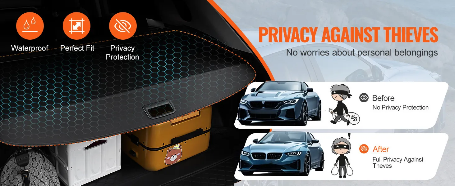VEVOR retractable cargo cover provides waterproof, perfect fit, and privacy protection against thieves.