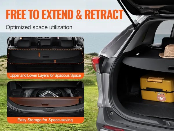 VEVOR retractable cargo cover demonstrating spacious storage and ease of use with grouped picnickers near a car.