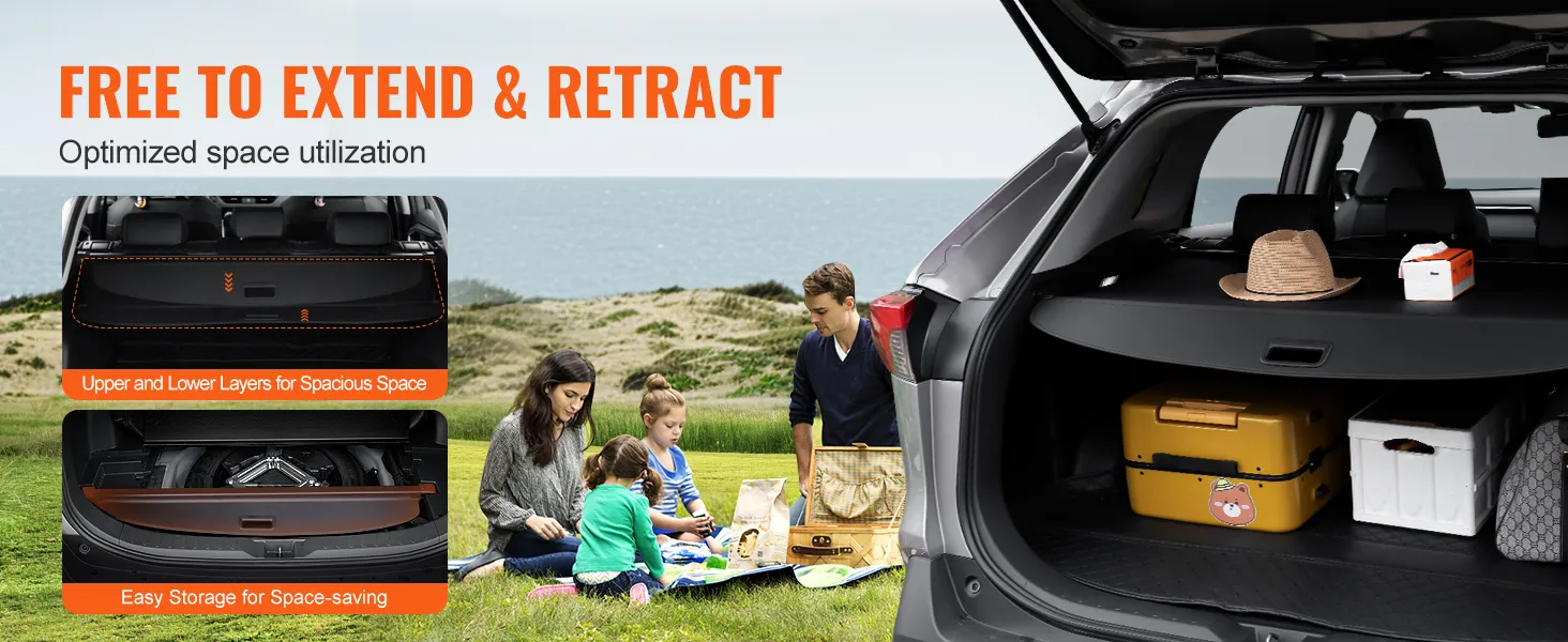 VEVOR retractable cargo cover demonstrating spacious storage and ease of use with grouped picnickers near a car.