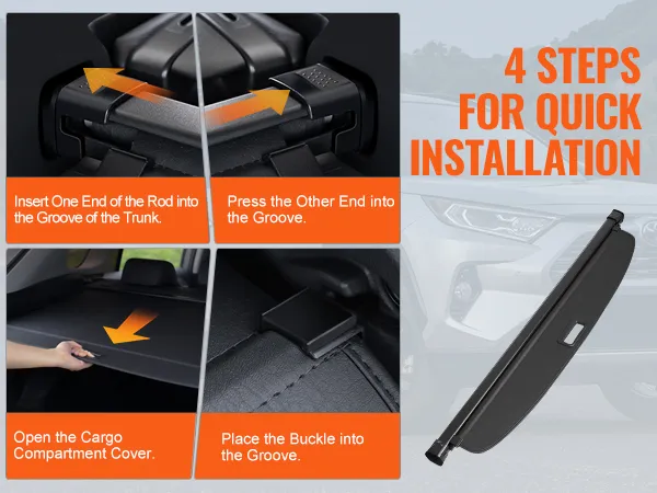VEVOR retractable cargo cover installation steps with detailed instructions in front of a car.