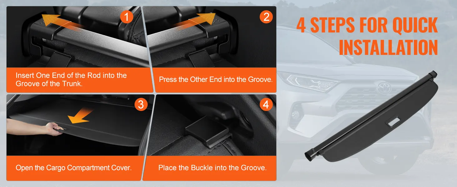 VEVOR retractable cargo cover installation steps with detailed instructions in front of a car.