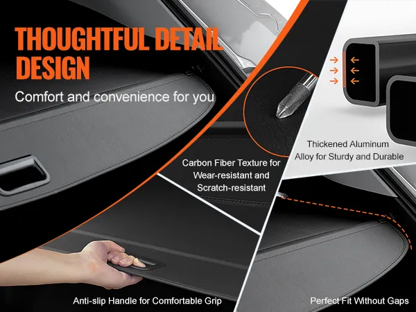 VEVOR retractable cargo cover features anti-slip handle, carbon fiber texture, and aluminum alloy.