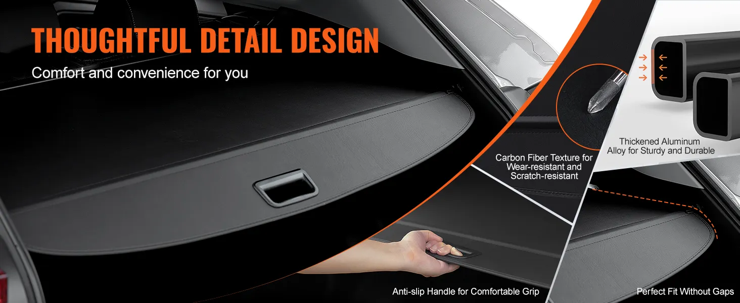 VEVOR retractable cargo cover features anti-slip handle, carbon fiber texture, and aluminum alloy.