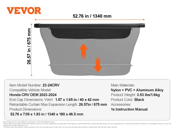 VEVOR honda crv retractable cargo cover, dimensions: 52.76x26.57 inches, black, nylon + pvc + aluminum alloy.