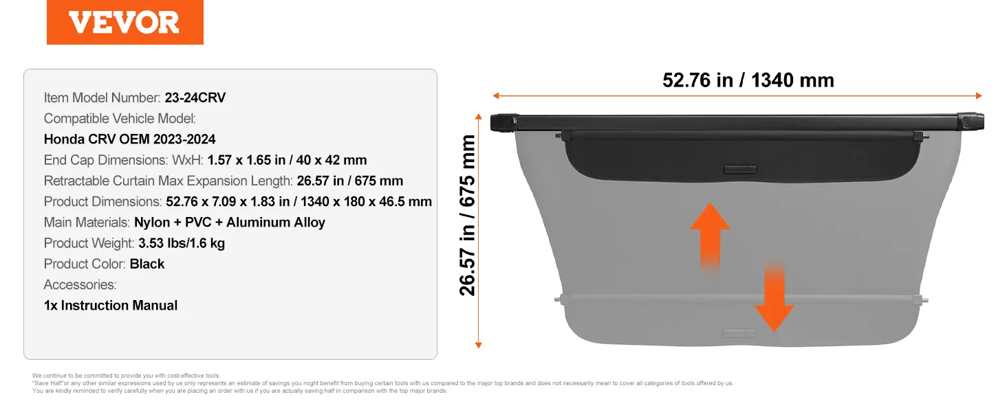 VEVOR honda crv retractable cargo cover, dimensions: 52.76x26.57 inches, black, nylon + pvc + aluminum alloy.
