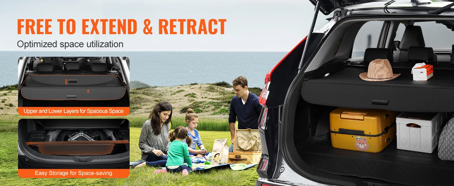VEVOR honda cr-v retractable cargo cover showcasing spacious and organized storage with beach setting.