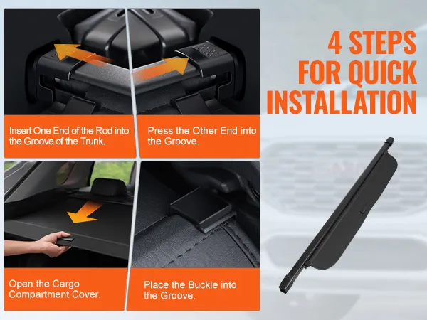 4-step guide to install the VEVOR honda crv retractable cargo cover showing trunk grooves and cover placement.