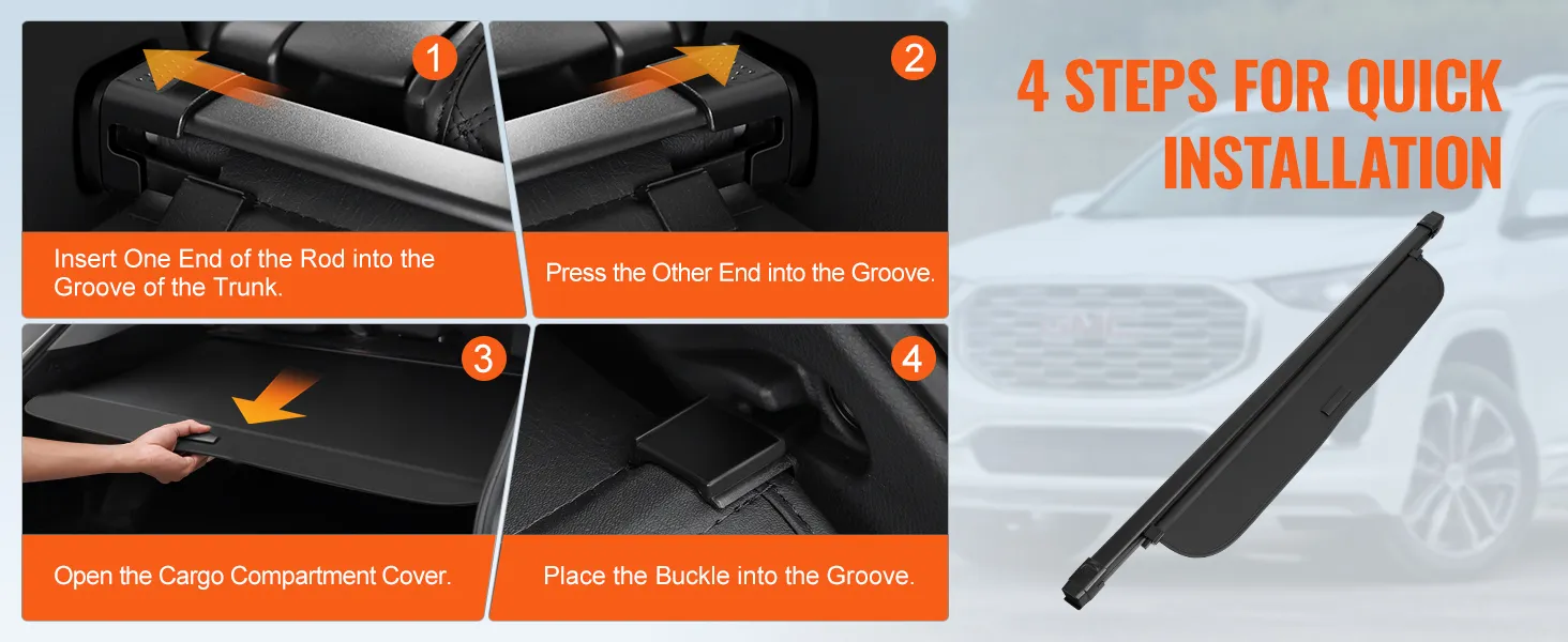 4-step guide to install the VEVOR honda crv retractable cargo cover showing trunk grooves and cover placement.