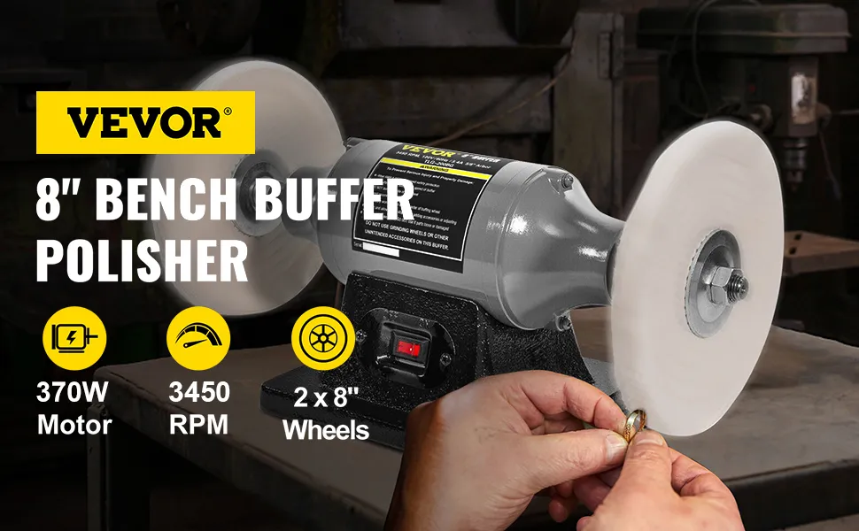 Pulidora de banco VEVOR en uso, con motor de 370 W, 3450 rpm y 2 ruedas de 8" sobre una mesa de taller.
