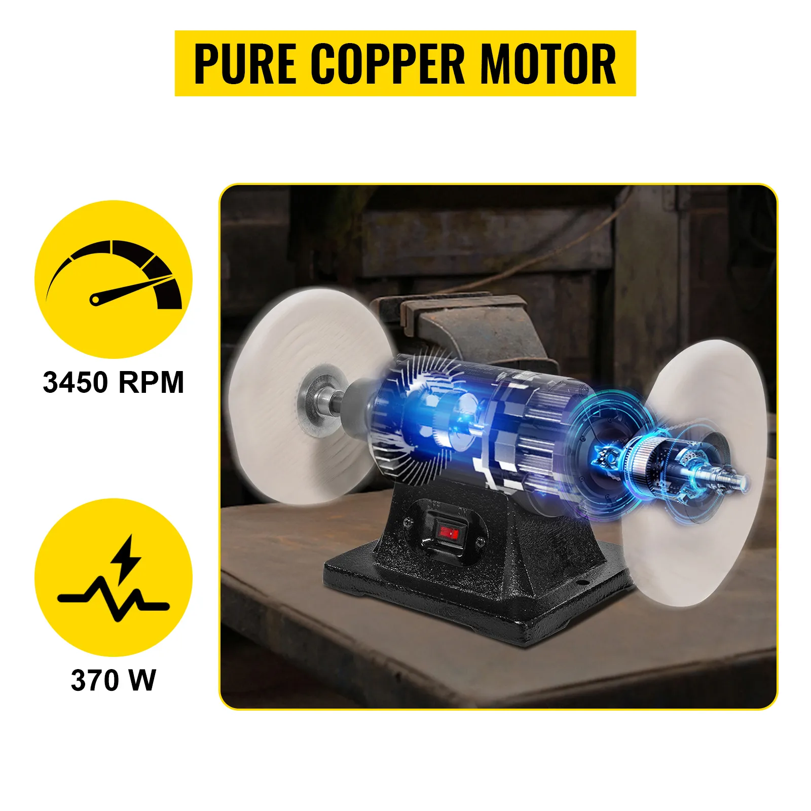 Pulidora de banco VEVOR con motor de cobre puro, 3450 rpm, capacidad de 370 W y ruedas de pulido dobles.