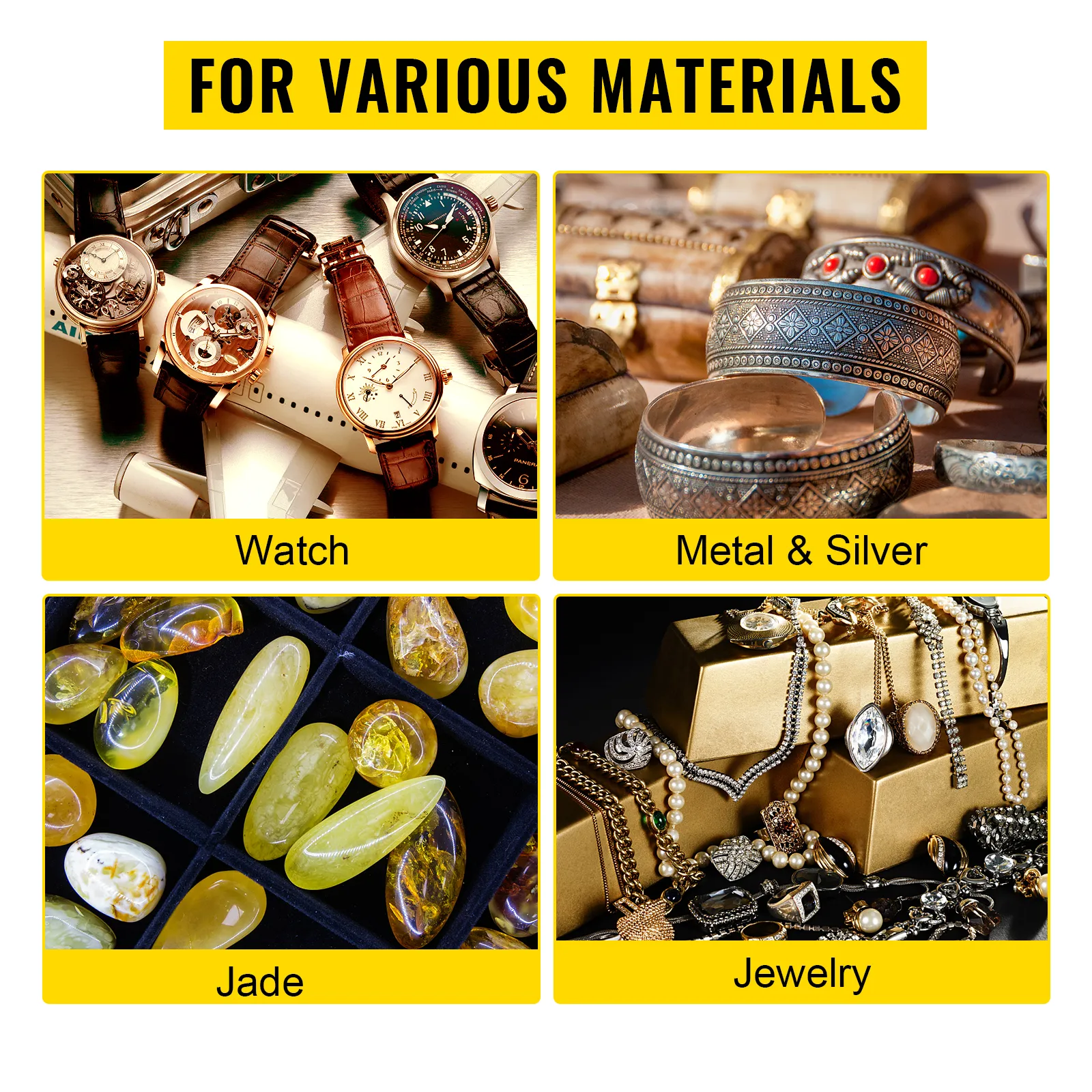 Pulidora de banco VEVOR para mantenimiento de relojes, metales, plata, jade y joyas, presentada en cajas.