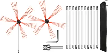 VEVOR chimney sweep kit with rotating brushes, rods, and storage bag.