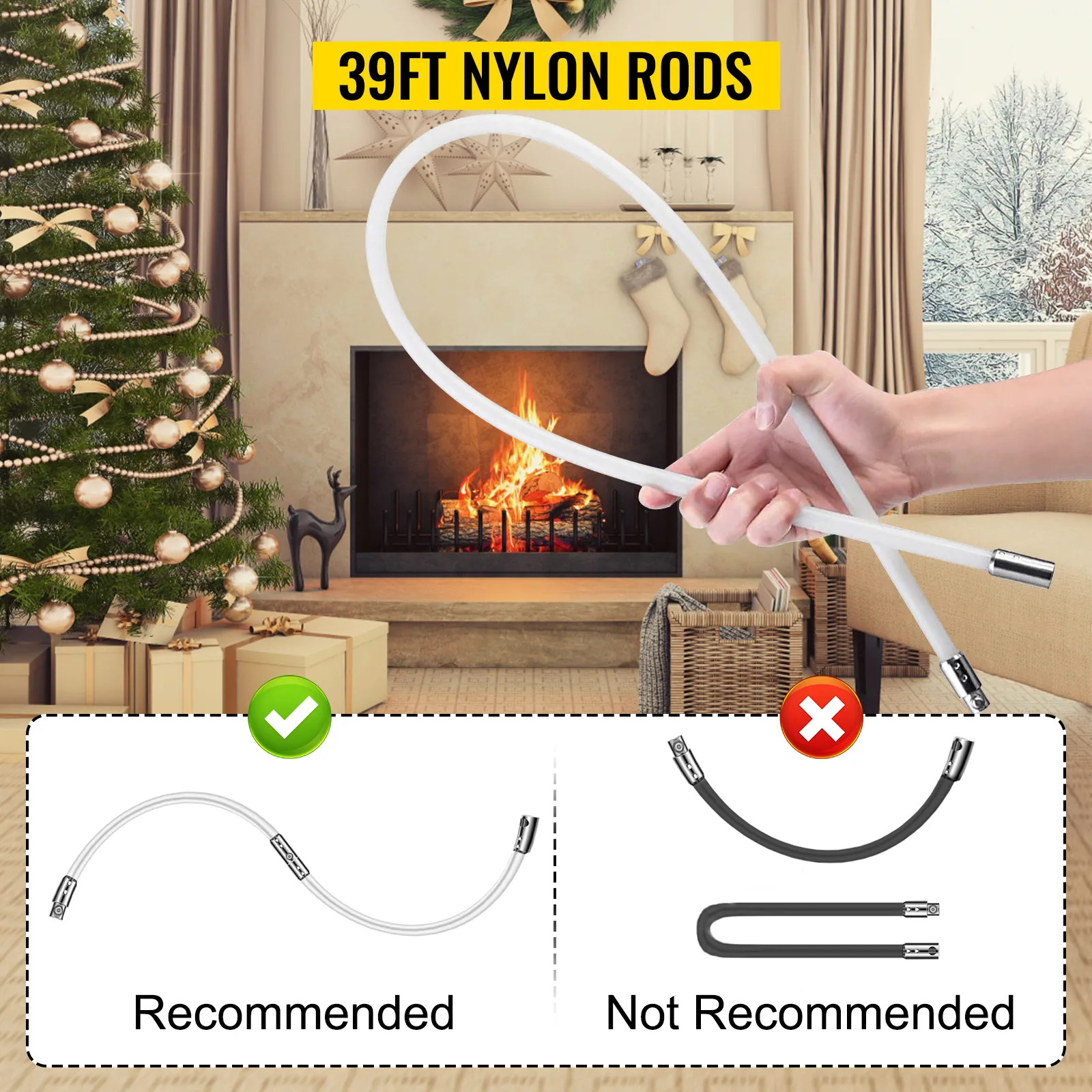 hand holding flexible VEVOR chimney sweep kit rod near fireplace and holiday decor.