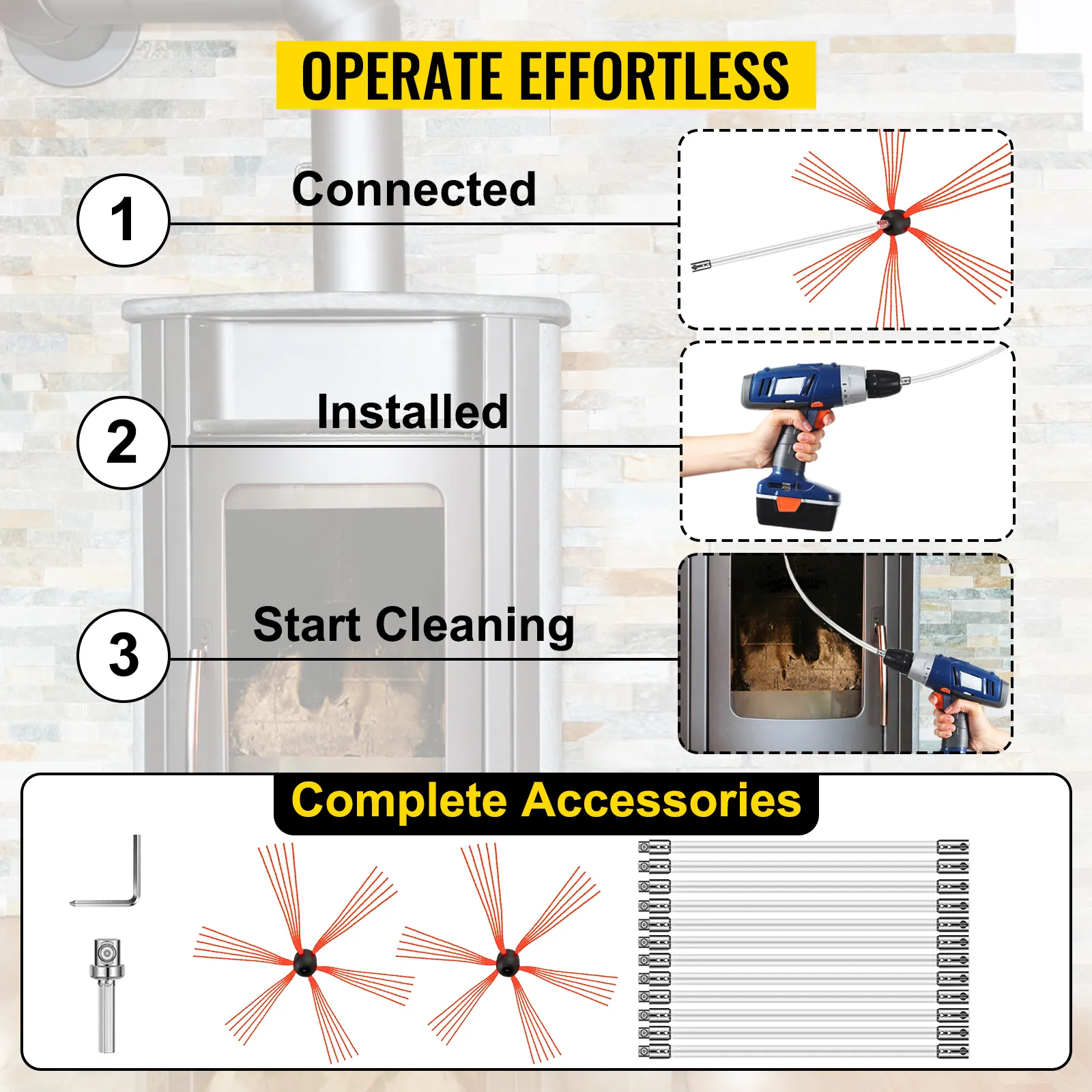 VEVOR chimney sweep kit setup and cleaning steps with complete accessories visual.