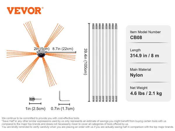 VEVOR chimney sweep kit with nylon rods, 8.7in brush, length 314.9in, weight 4.6lbs, model cb08.