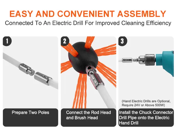 easy assembly for VEVOR chimney sweep kit: connect poles, brush head, and drill for efficient cleaning.