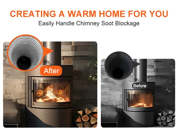 after using VEVOR chimney sweep kit, fireplace with a clean inner chimney, and before, it was soot-blocked.