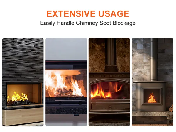 modern fireplaces with roaring flames, highlighting the extensive usage of the VEVOR chimney sweep kit.