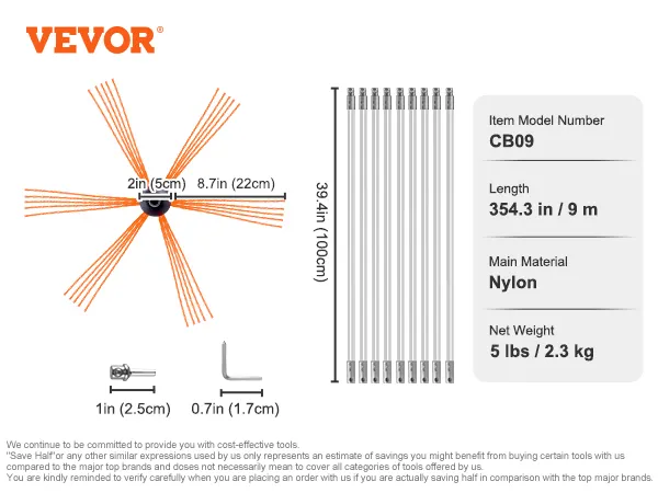 VEVOR chimney sweep kit, model cb09, nylon rods, 354.3 in (9m), weight 5 lbs (2.3 kg), various brush sizes.