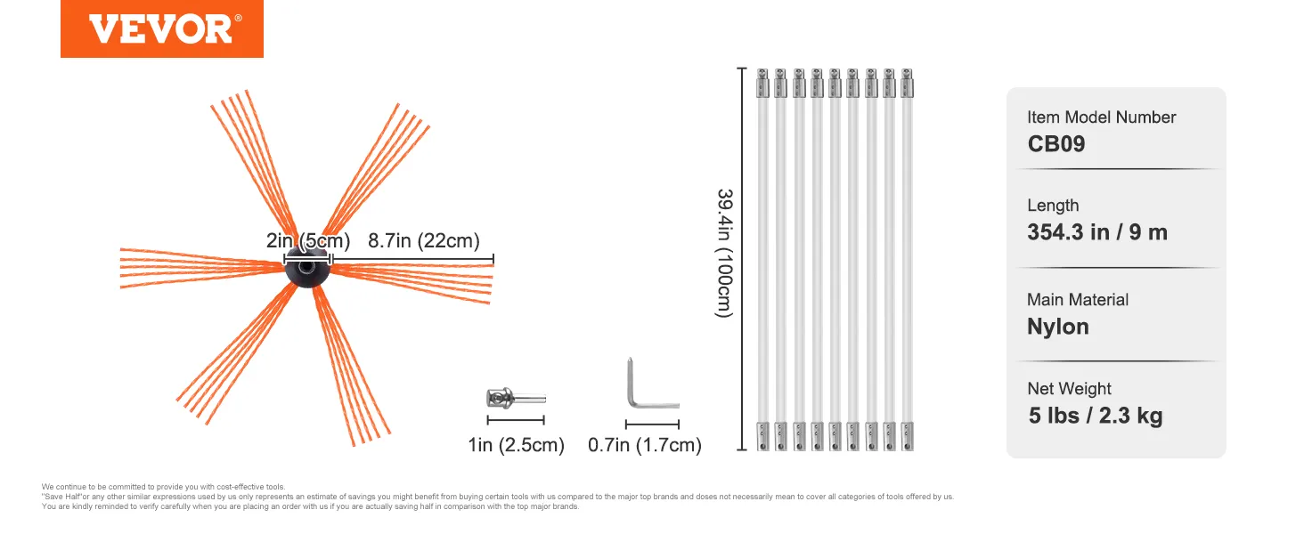 VEVOR chimney sweep kit, model cb09, nylon rods, 354.3 in (9m), weight 5 lbs (2.3 kg), various brush sizes.