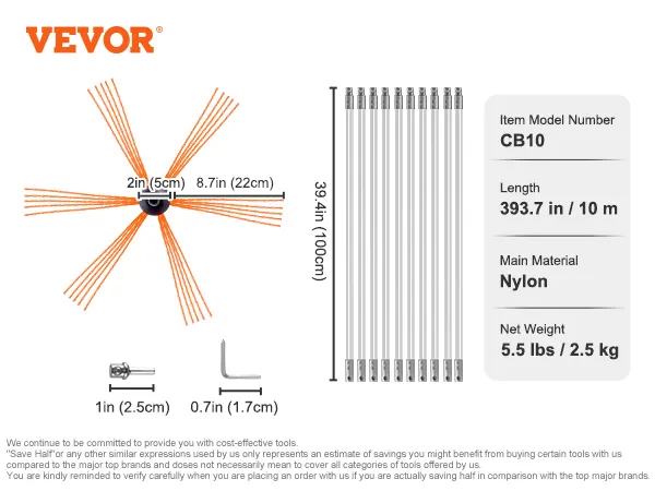 VEVOR chimney sweep kit with nylon brush, 393.7 in length, and model number cb10. net weight 5.5 lbs.