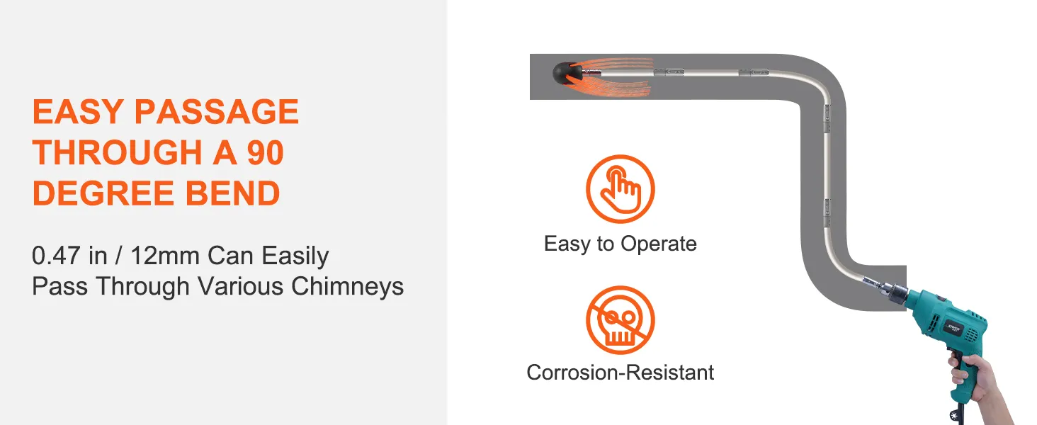 VEVOR chimney sweep kit navigating a 90 degree bend, with easy operation and corrosion resistance.