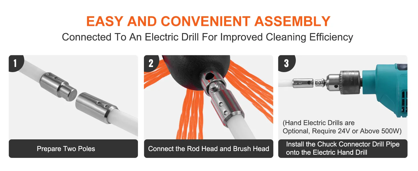 easy assembly steps for VEVOR chimney sweep kit with electric drill connection for efficiency.