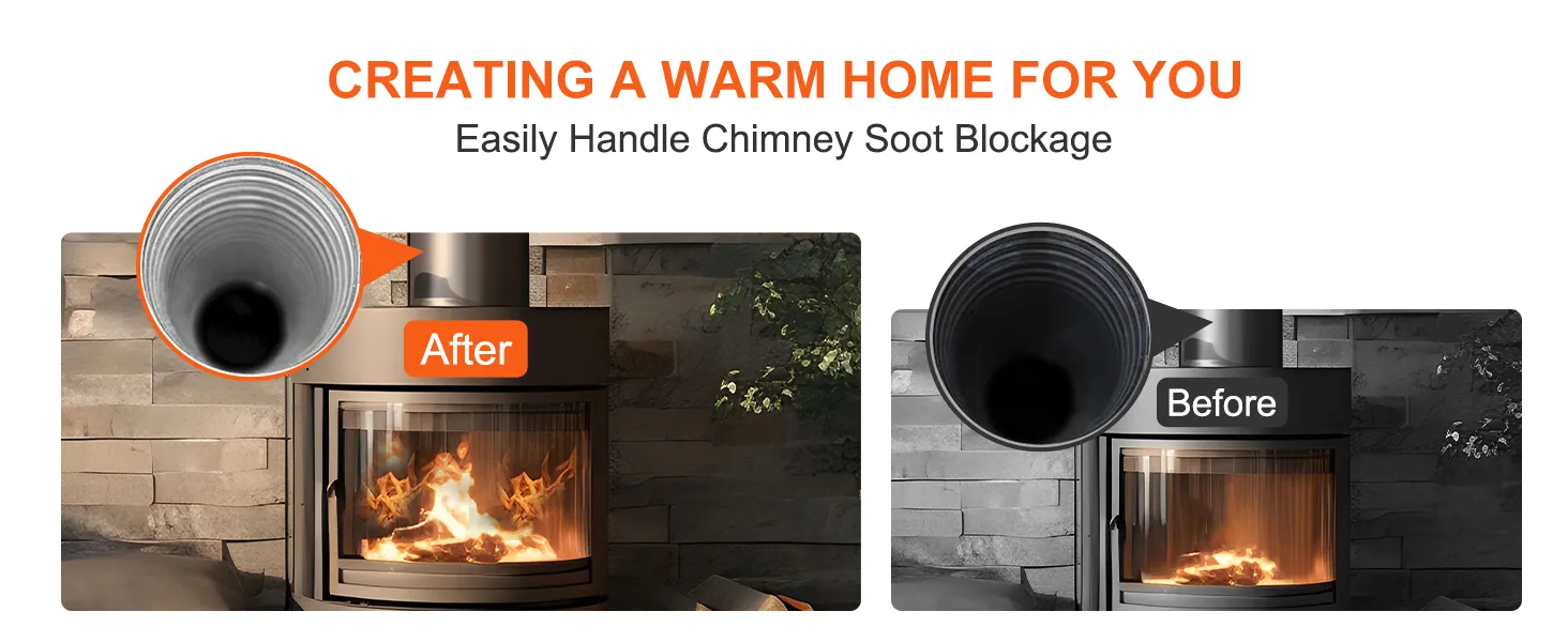 before and after using the VEVOR chimney sweep kit to remove soot blockage for a warmer home.