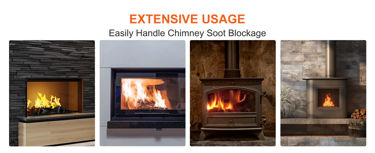 four types of fireplaces with text "extensive usage - easily handle chimney soot blockage" featuring VEVOR chimney sweep kit.