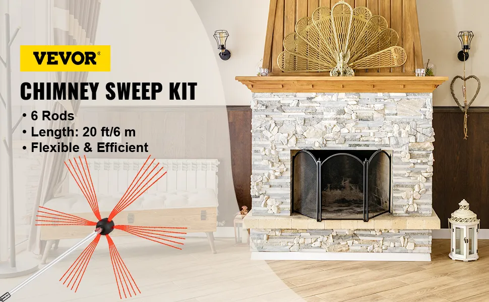 VEVOR chimney sweep kit with 6 flexible rods for efficient cleaning of fireplaces.